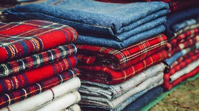 blankets featuring red plaid blue denim and white cotton textures laid on green lawn