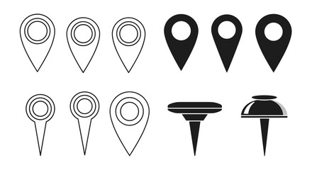Map Markers and Push Pins for Location Mapping and Business Presentation Design on White Background: Navigation, Directional Icons for Corporate Strategy and Planning Illustration, Black and White Sym