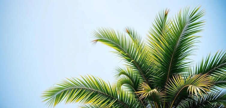 Lush green palm tree, vibrant leaves against clear sky,   stock photo,   silhouette