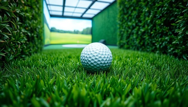 White golf ball with black dot on lush green grass, enclosed by a verdant wall, with a golf simulator in the distant background,  green,  putting green