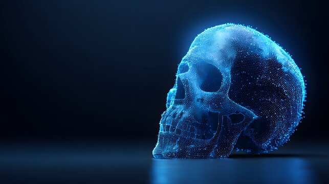 Digital representation of human cranium constructed from luminous points glows against a dark background