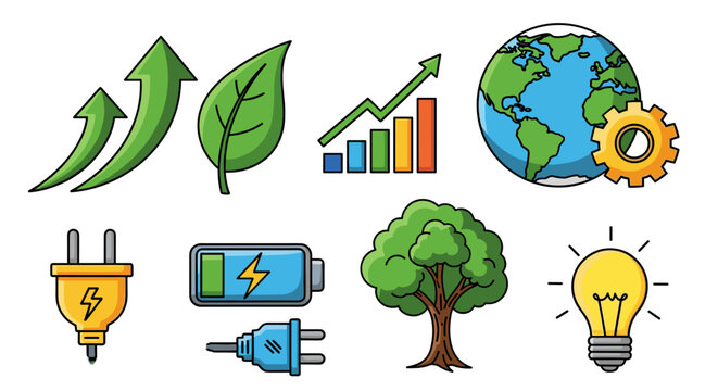 Renewable Energy and Sustainable Development Icons Illustrating Global Environmental Initiatives, Featuring Green Growth, Innovation, and Eco-Friendly Technologies for Business Presentations and Repor