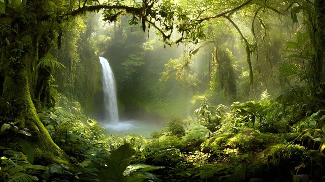 waterfall surrounded by dense green foliage and misty air creating serene scene - Powered by Adobe
