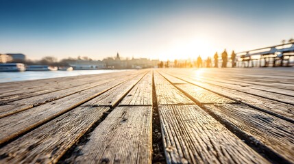 Naklejka premium planks with natural grain patterns illuminated by soft morning sunlight casting gentle shadows