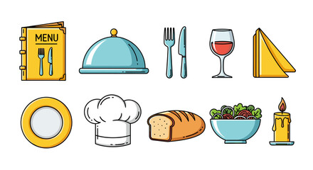 Restaurant Dining Experience Vector Illustration: Featuring a Menu, Cloche, Silverware, Wine, Napkin, Plate, Chef Hat, Bread, Salad Bowl, and Candle, Perfect for Restaurant Promotion and Food Industry