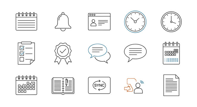Business Communication Icons Set Vector Illustration: Scheduling Events, Notification Alert, Profile Management, Time Management, Sync Data, Speech Bubble, Task List, Quality Badge, Planning Agenda, O