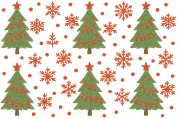 Repeating pattern of green christmas trees, red snowflakes, and small dots for winter season decorations on transparent background