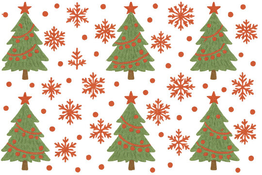 Repeating pattern of green christmas trees, red snowflakes, and small dots for winter season decorations on transparent background