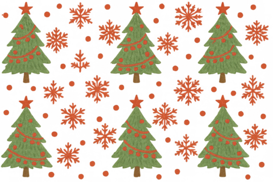 Repeating pattern of green christmas trees, red snowflakes, and small dots for winter season decorations on transparent background