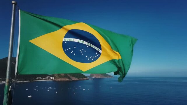 Ultra HD 8K video of the Brazilian flag fluttering in the ocean breeze near Sugarloaf Mountain, deep blue sky and sea backdrop, tropical sunlight enhancing the flag&rsquo;s vibrant green and yellow, lively 