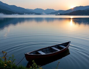 Obraz premium Serene Lake Scene with Rowboat Sunrise Sunset