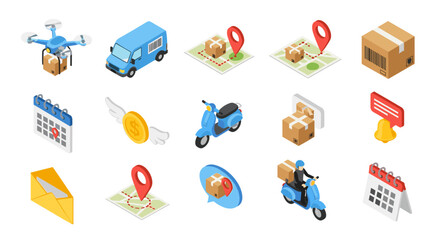 Isometric Delivery Service Icons: Drone, Van, Scooter Delivering Packages & Parcels via Online Order Tracking, Fast Shipping Notification, on Time Schedule, and Reliable Transport for E-commerce, Logi