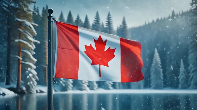 Cinematic ultra HD video of the Canadian flag waving strongly during a gentle snowfall, pine forest and frozen lake in the background, cool blue tones, wind-driven snow particles, high dynamic range l