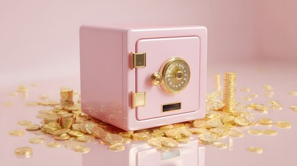Small pastel pink safe sits surrounded by scattered golden currency on a reflective surface