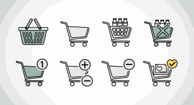 Shopping Cart Icons Set: Add to Basket, Remove, Favorite, and Checkout for E-Commerce, Retail, and Online Store Presentations. Modern Flat Design for Business, Marketing, and UI Design, Featuring Add