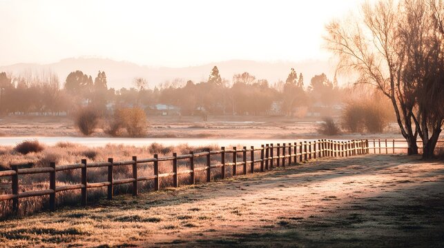 stretching along countryside meadow under soft morning mist and pale brown tones