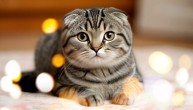 Adorable Scottish Fold Cat with Warm Bokeh Lights