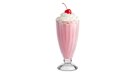 Pink strawberry milkshake, with whipped cream and cherry topping in a tall glass, isolated on a white or transparent background, cutout, PNG