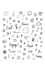 A creative collection of hand-drawn doodles and cute design elements, including hearts, stars, arrows, flowers, clouds, and motivational words. Minimalist black line illustration on white background, 