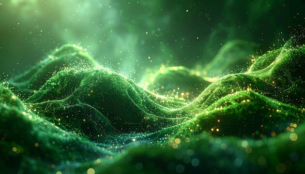 Abstract emerald landscape, glowing particles over rolling grassy hills, ethereal and magical nature scenery