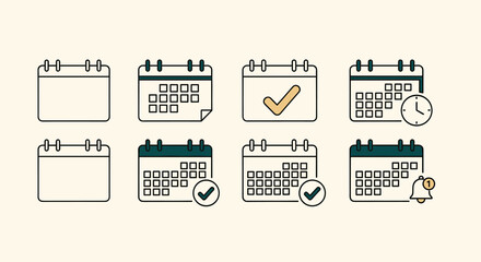 Modern Calendar Icons Representing Schedule Management, Appointments, Deadlines, and Reminders for Professional Business Planning, Productivity, and Time Organization in a Digital Graphic Style for Pr