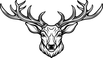 Very beautiful reindeer head silhouette vector on a white background, showcasing elegant antlers and smooth lines, minimalist black design perfect for logos, holiday graphics, or decorative artwork.