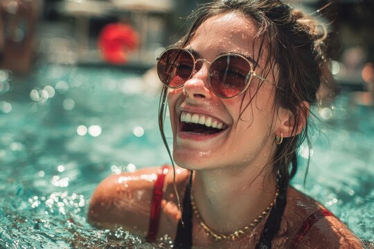 Woman laughing joyfully while splashing in a swimming pool surrounded by sunlight and vibrant atmosphere on a warm summer day