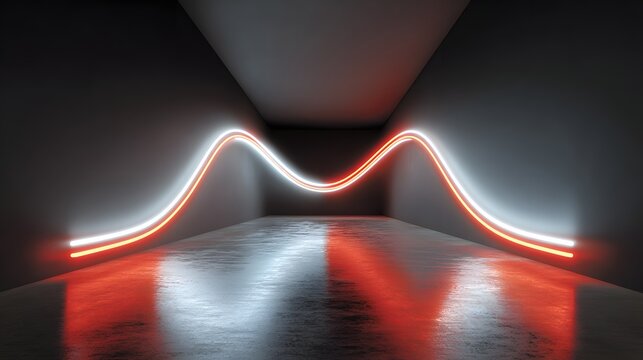Illuminated wave form travels through a minimalist dark corridor with reflective floor
