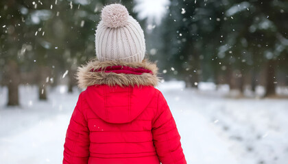 Child in Red Coat Walking in Snowy Winter Forest