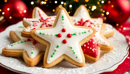 Festive Star Christmas Cookies with White and Red Icing