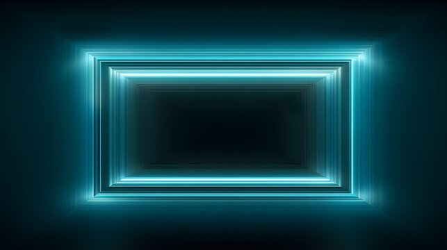 Glowing rectangular portal radiates intense cyan light against a dark background