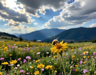 Obraz premium Serene Wildflower Field with Bee and Mountain View