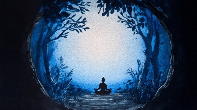 Hand-painted watercolor of person meditating under glowing moonlight surrounded by forest, peaceful and serene night scene symbolizing mindfulness, inner peace, and spiritual balance