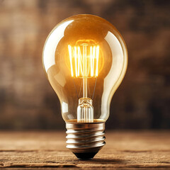 Glowing Incandescent Light Bulb on a Wooden Surface