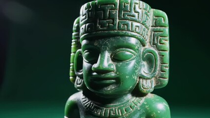 A jade carving of a serene face with intricate headwear, detailed against a dark green backdrop - Powered by Adobe