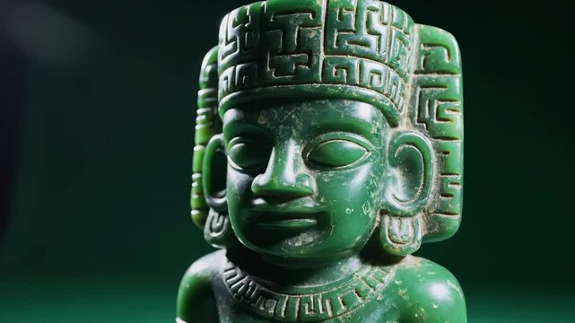 A jade carving of a serene face with intricate headwear, detailed against a dark green backdrop