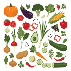 Hand-Drawn Colorful Vegetables Vector Set – Modern Minimal Salad Illustration, Healthy Organic Food, Flat Design