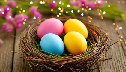 Colorful Easter Eggs in a Rustic Nest with Spring Bokeh