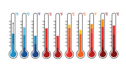 Illustrative Thermometer Set Showing Varying Temperatures for Scientific Measurement and Climate Studies in Medical Settings Depicting Celsius, Fahrenheit for Weather Monitoring, Education, Presentati