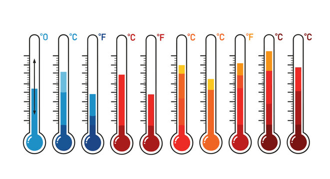 Illustrative Thermometer Set Showing Varying Temperatures for Scientific Measurement and Climate Studies in Medical Settings Depicting Celsius, Fahrenheit for Weather Monitoring, Education, Presentati