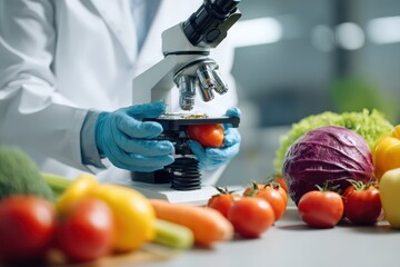 Scientist examines vegetable samples under microscope in laboratory setting for chemical food residue analysis