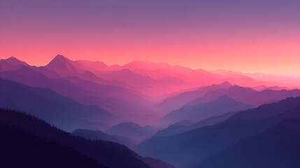 Obraz premium Layered mountain silhouettes display vibrant magenta and violet twilight illumination