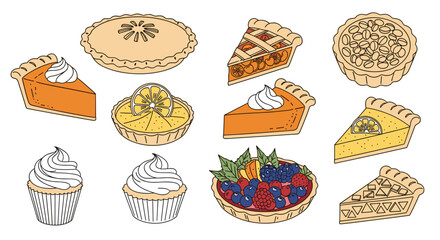 Assorted Pies and Cupcakes Illustration: Hand-Drawn Pastries, Dessert Variety, Baking Concept for Recipes, Menus, and Sweet Treats Presentations in Food Industry, Ideal for Creative Marketing and Webs