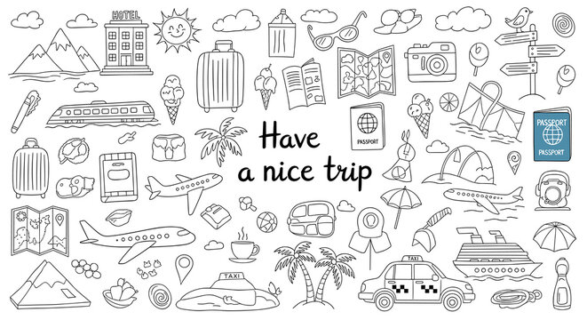 Delightful Travel Doodle Collection: Plan Your Next Adventure with Hand-Drawn Icons of Hotels, Planes, and Beach Getaways for Summer Vacation Planning and Tourism Marketing, Travel-Themed Illustration