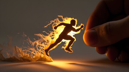 Miniature paper cutout silhouette of a runner engulfed in bright yellow light appears ready to sprint away from a large human hand
