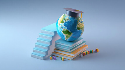 Education and Study abroad concept design of globe with graduation cap on book stairs