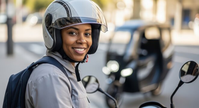 African female courier smiling while riding scooter in urban setting