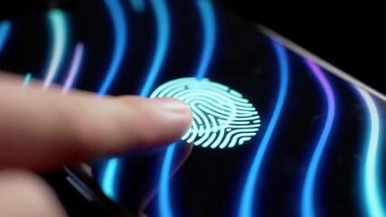Closeup of a finger touching a glowing biometric fingerprint scanner on a smartphone screen illustrating secure mobile access and digital identity verification with futuristic blue light trails. - Powered by Adobe