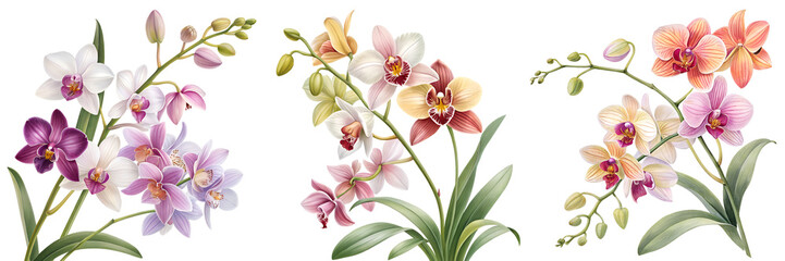 Fototapeta premium Set of A Blooming Cluster of orchids isolated on a transparent background