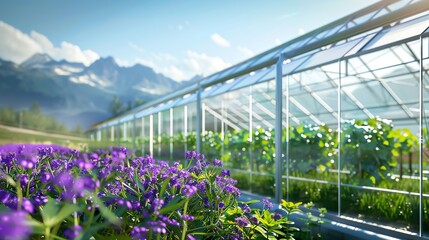 Fototapeta premium Lush greenhouse with vibrant flowers and plants.